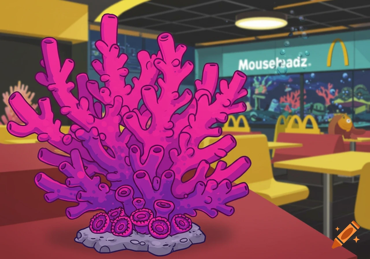 Cartoon pink coral on a table in an underwater fast food restaurant with "Mouseheadz." on the window, cartoon style.