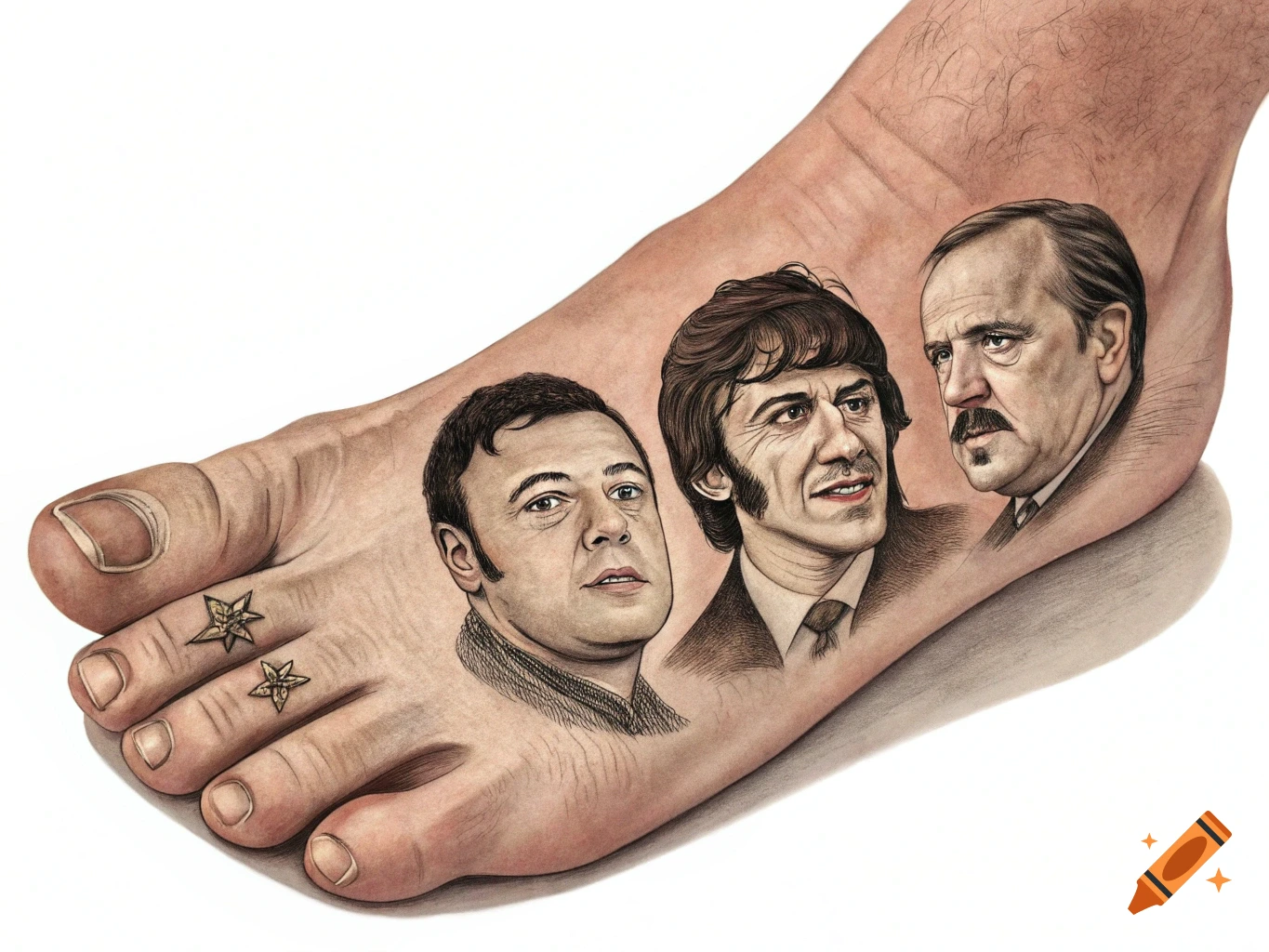 A human foot depicted with three realistic black and white tattoo portraits of famous men on the top, and two star tattoos on the toes.