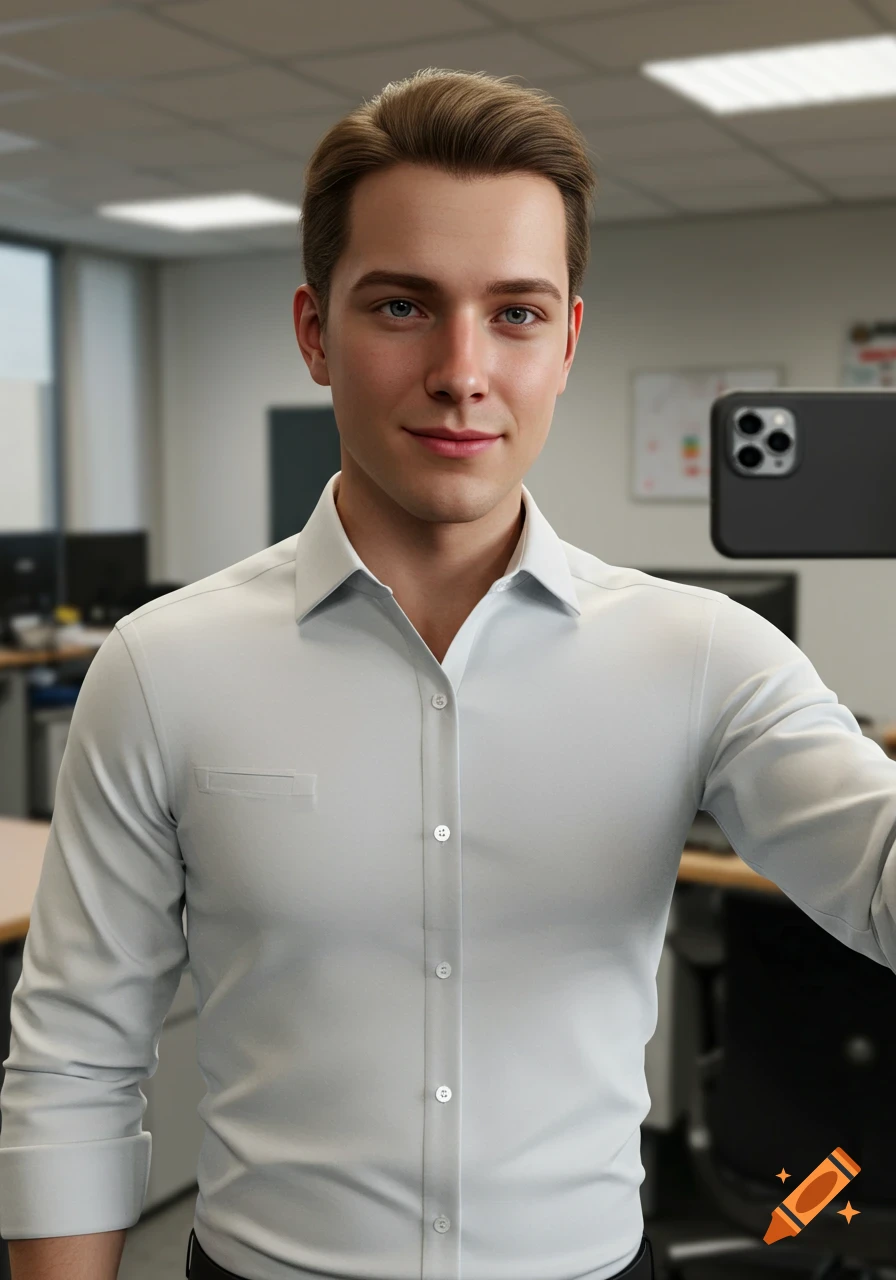 Photorealistic portrait of a young man in a white shirt taking a selfie in an office.