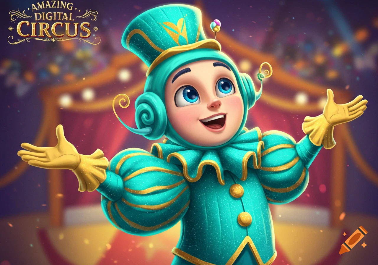 Cartoon character Pomni in a sparkling teal and gold jester outfit in a circus tent, smiling with arms open.