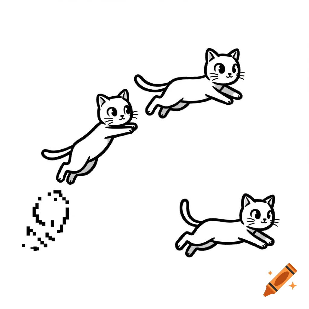Three simple black and white cartoon cats are depicted, with one leaping and leaving a pixelated trail.