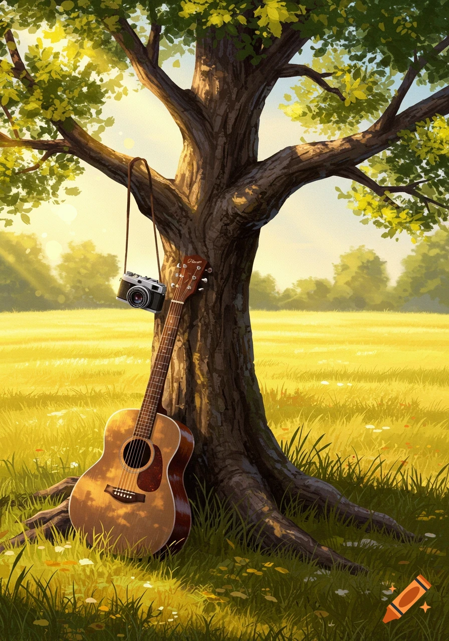 An acoustic guitar leans against a large oak tree in a sunlit grassy field, with a camera hanging from a branch. Illustrative style.
