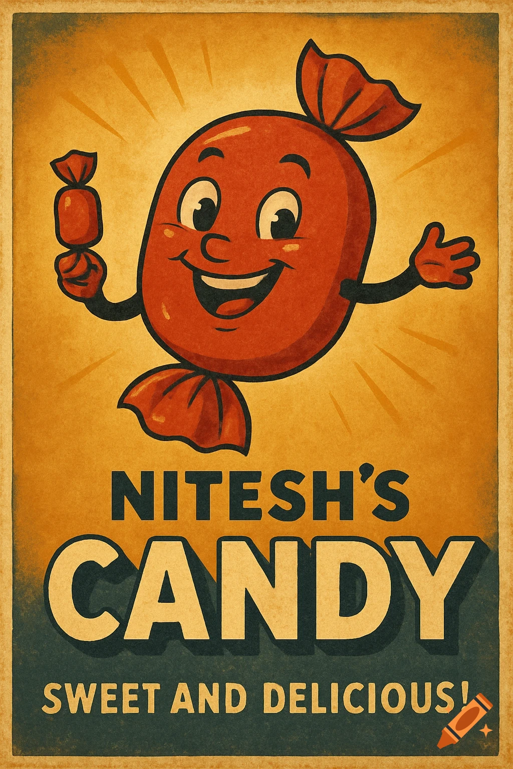 Vintage candy advertisement featuring a smiling red candy mascot holding a treat, with text 'NITESH'S CANDY SWEET AND DELICIOUS!'.