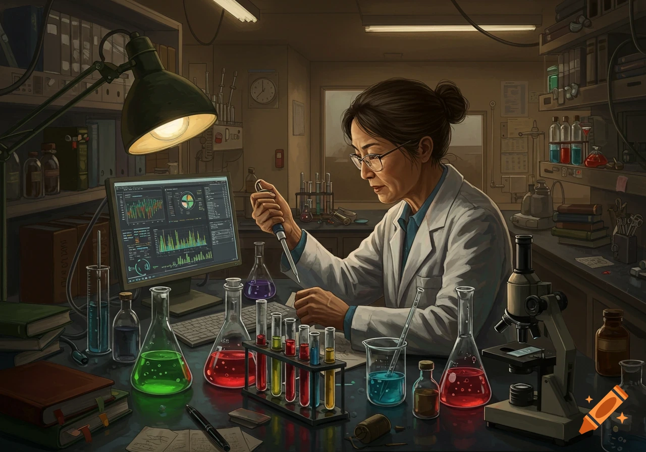 A female scientist in a lab coat works at a desk filled with colorful beakers, test tubes, a microscope, and a computer displaying data in a science laboratory.