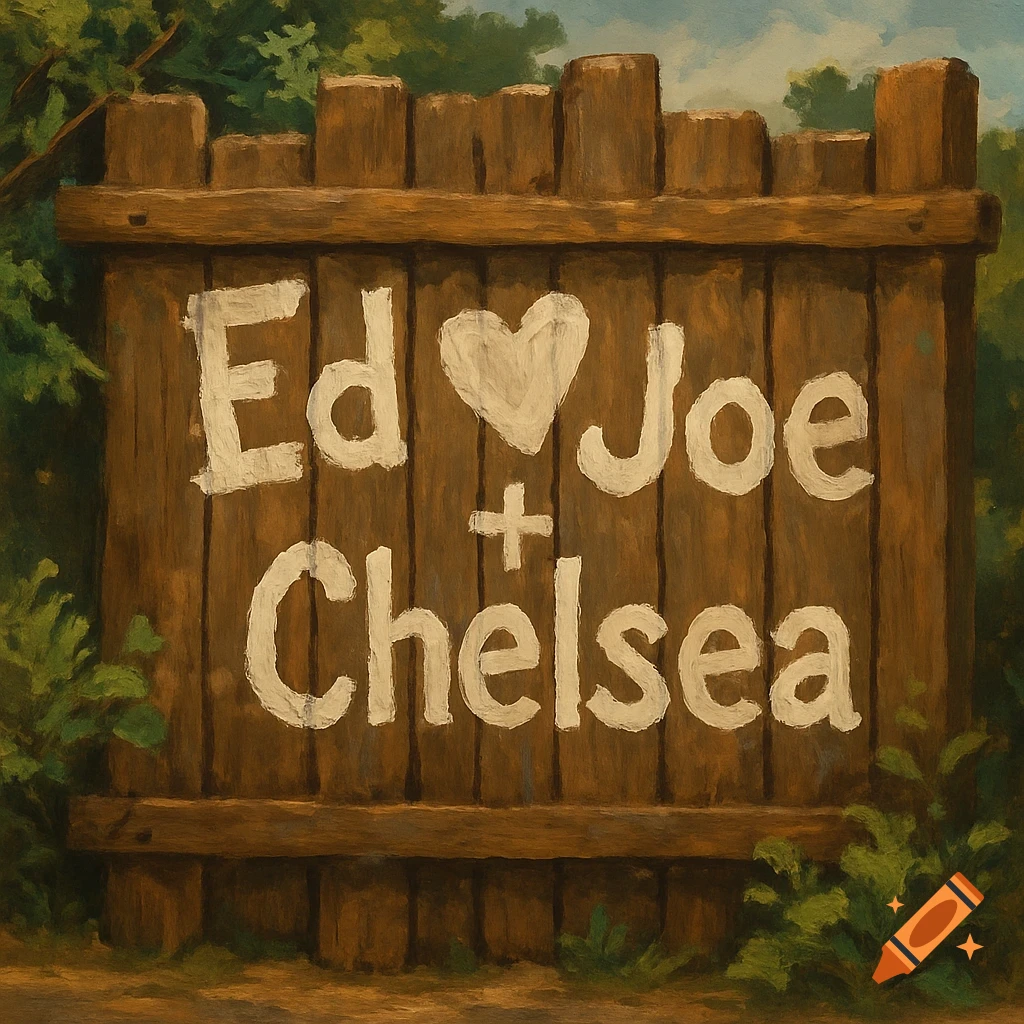 A rustic wooden sign with "Ed Joe + Chelsea" painted in white, surrounded by green foliage, in a painterly style.