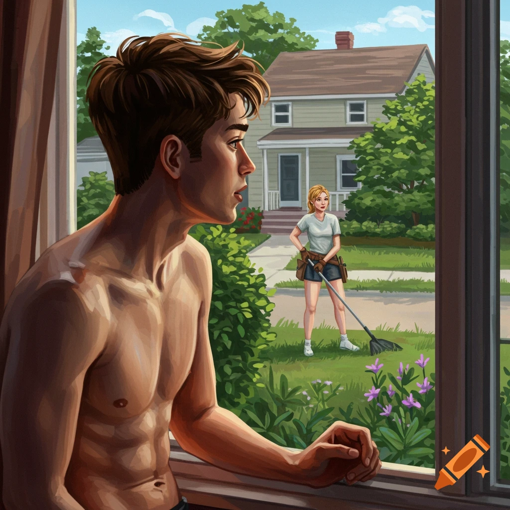 A young shirtless man looks out a window, watching a woman rake leaves in front of a house across the street, in a painted style.
