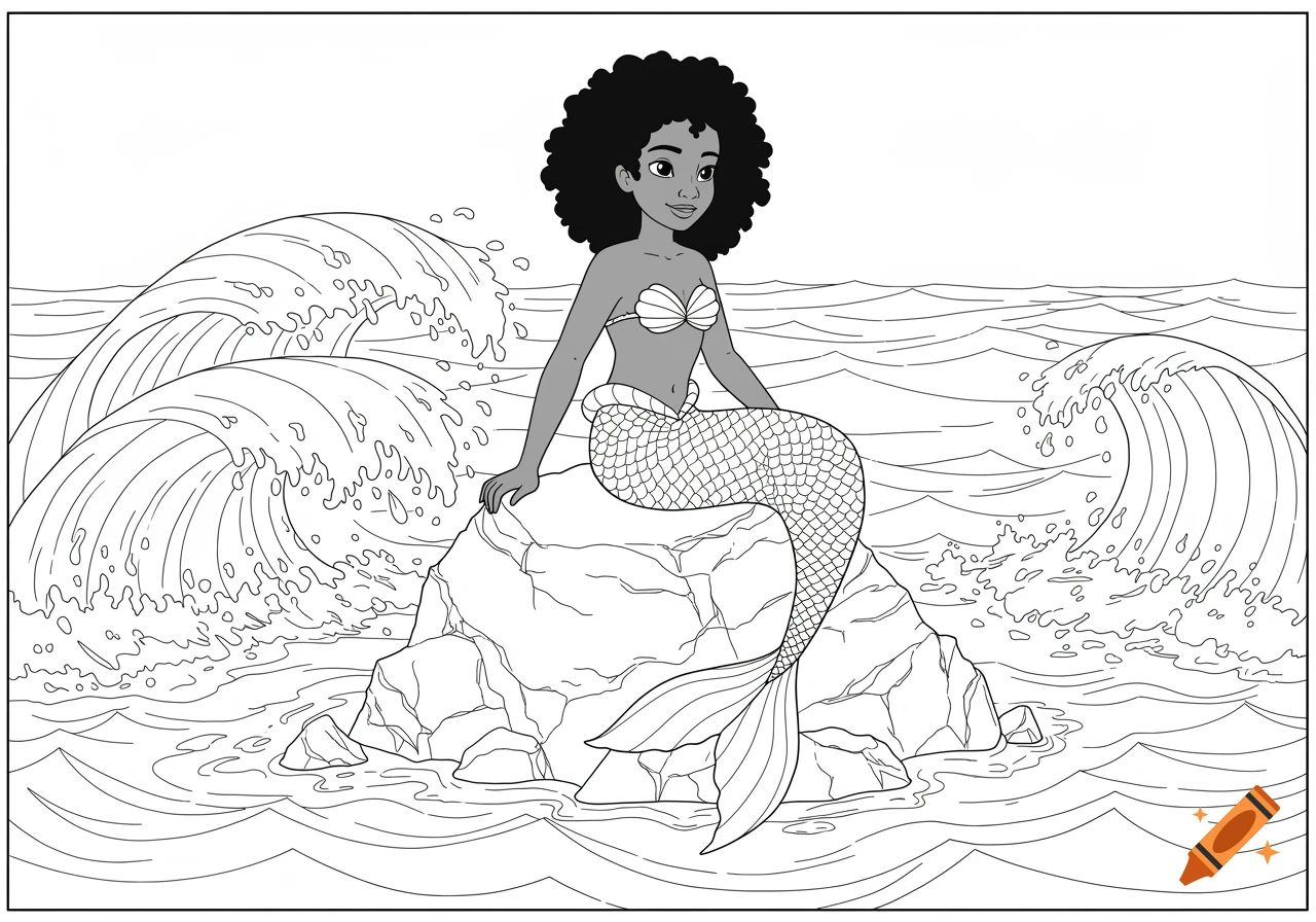 An uncolored coloring page illustration of an African American mermaid with an afro, sitting on a rock in the ocean with waves.