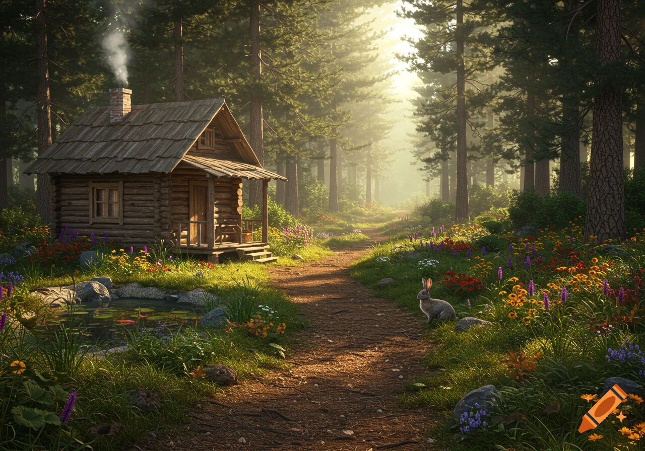 A rustic wooden log cabin sits in a sunlit evergreen forest, surrounded by colorful wildflowers and lush greenery. A dirt path leads away from the cabin, where a rabbit sits on the path. A small pond with rocks is visible to the left.