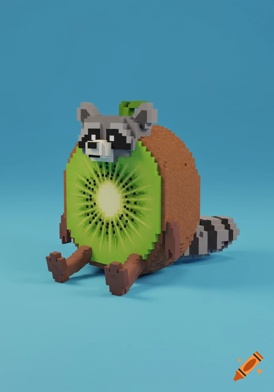 A 3D pixel art creature with a kiwi fruit body, raccoon head, tail, and feet sits on a blue background.