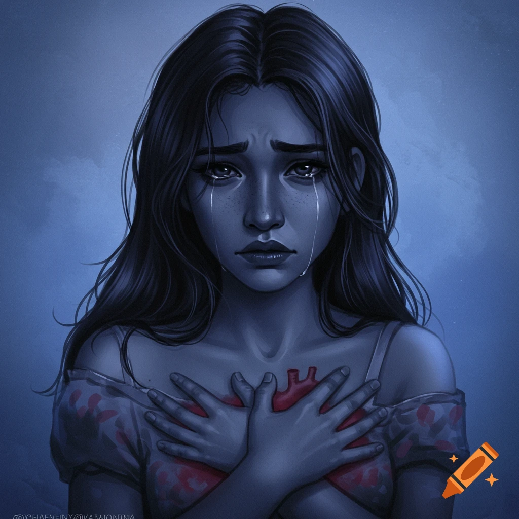 Digital art portrait of a young woman with dark hair crying, holding a stylized red heart to her chest, on a blue background.