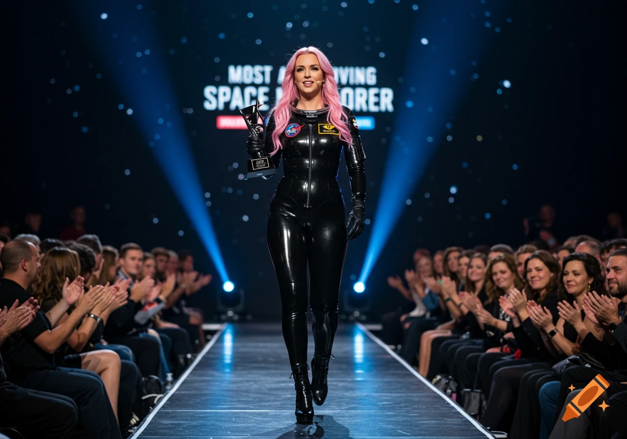 A pink-haired woman in a shiny black latex spacesuit walks confidently on a stage, holding an award, as a cheering crowd applauds.