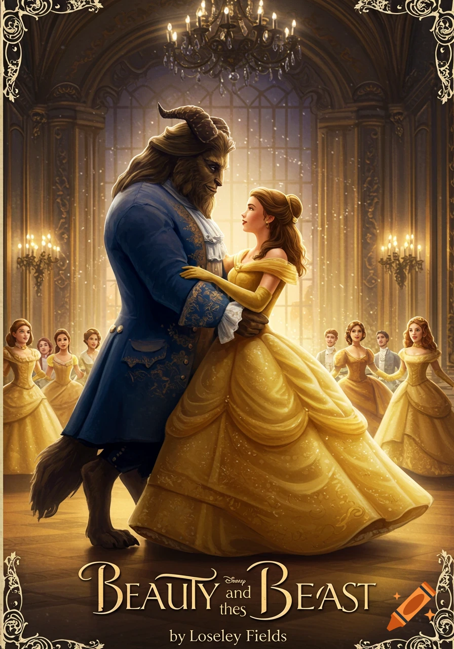 Beauty and the Beast dancing in a grand ballroom poster with glowing chandeliers and a golden glow.
