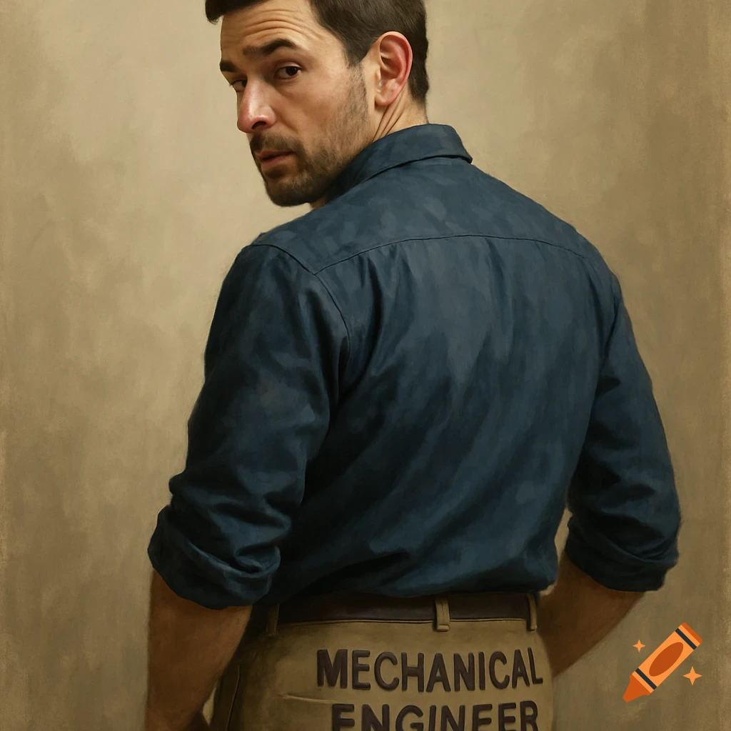 A man wearing a blue shirt and tan pants with "MECHANICAL ENGINEER" written on the back, looking over his shoulder.