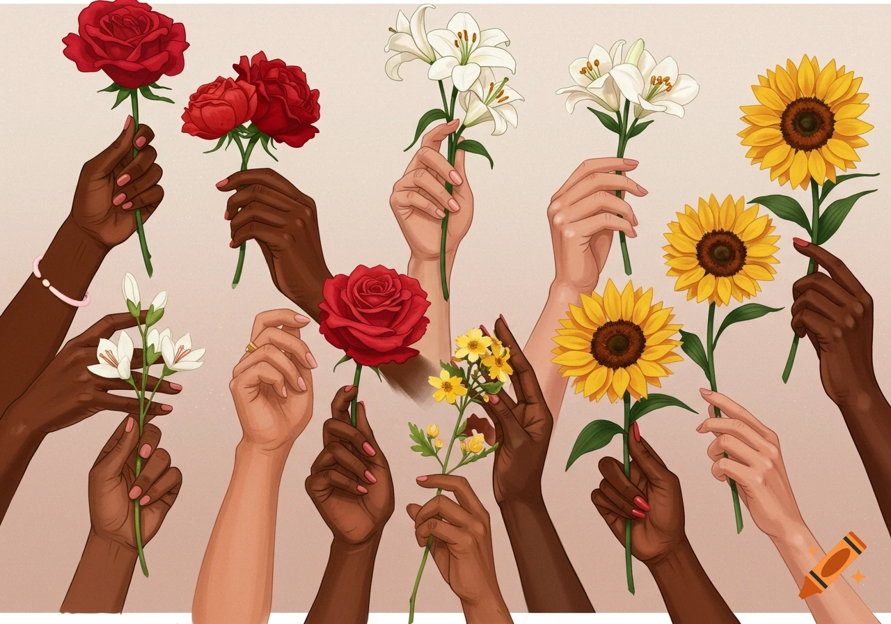 Illustration of diverse hands holding red roses, white lilies, and yellow sunflowers against a light background.