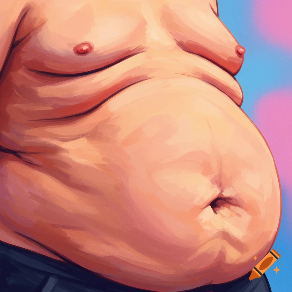 Close-up painting of an overweight human torso with a large belly and visible nipples against a pink and blue background.