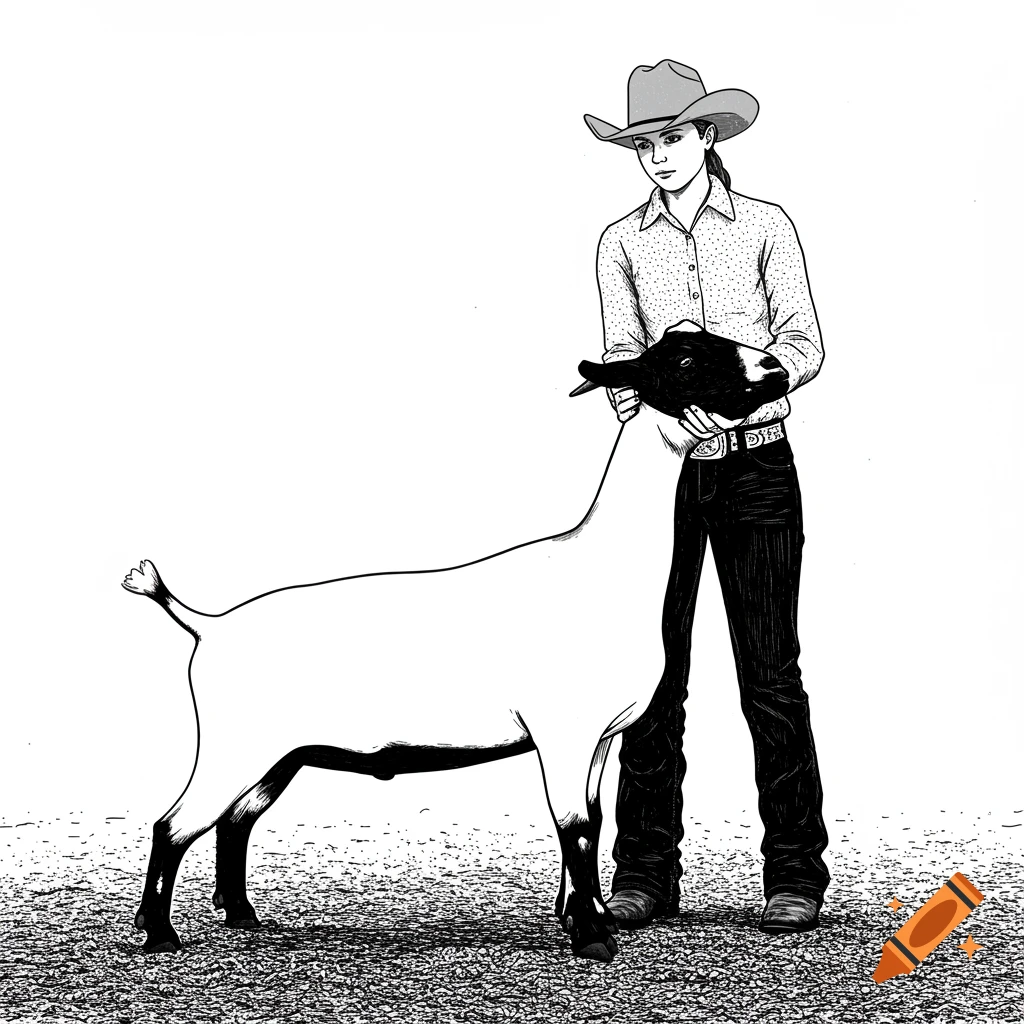 Black and white illustration of a girl in a cowboy hat holding a goat in a show pose at a livestock event.