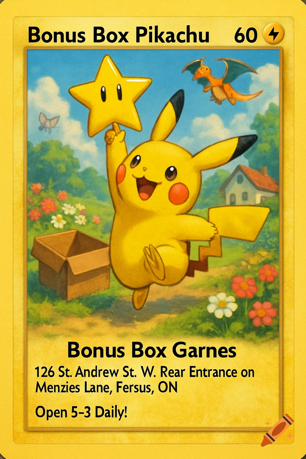 A vintage yellow-bordered Pokemon card features a joyous Pikachu holding a Super Mario star in a lush landscape with an empty cardboard box, flowers, a small house, and a flying Charizard.