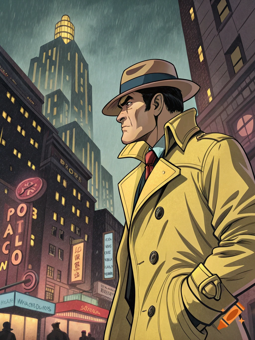A comic book style illustration of a man in a yellow trench coat and fedora standing in a rainy city street at night, looking left.