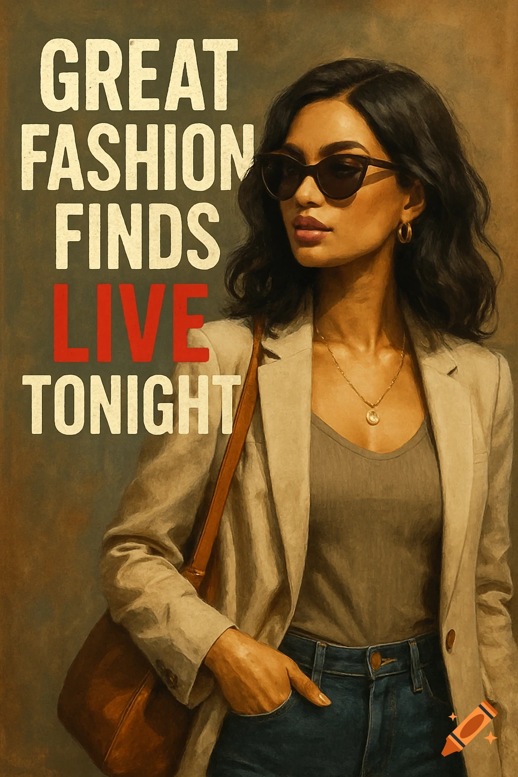 A woman in a blazer and jeans with sunglasses and dark hair, next to text 'GREAT FASHION FINDS LIVE TONIGHT' in a poster style.