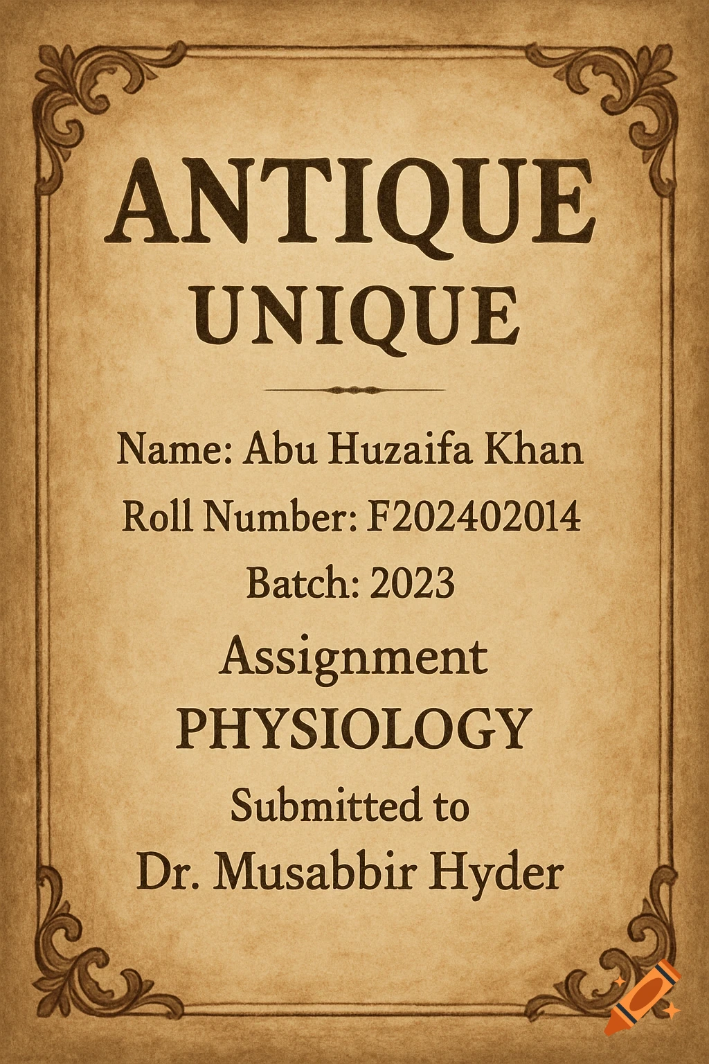 An antique-style academic document on aged paper with a decorative border, displaying student and assignment details like name, roll number, batch, and subject 'PHYSIOLOGY'.