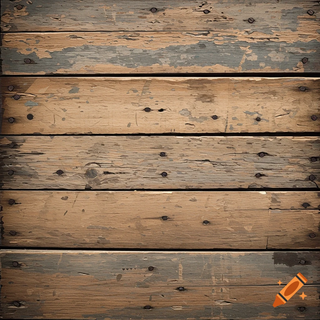 Close-up of weathered wooden planks with peeling paint and metal nails.