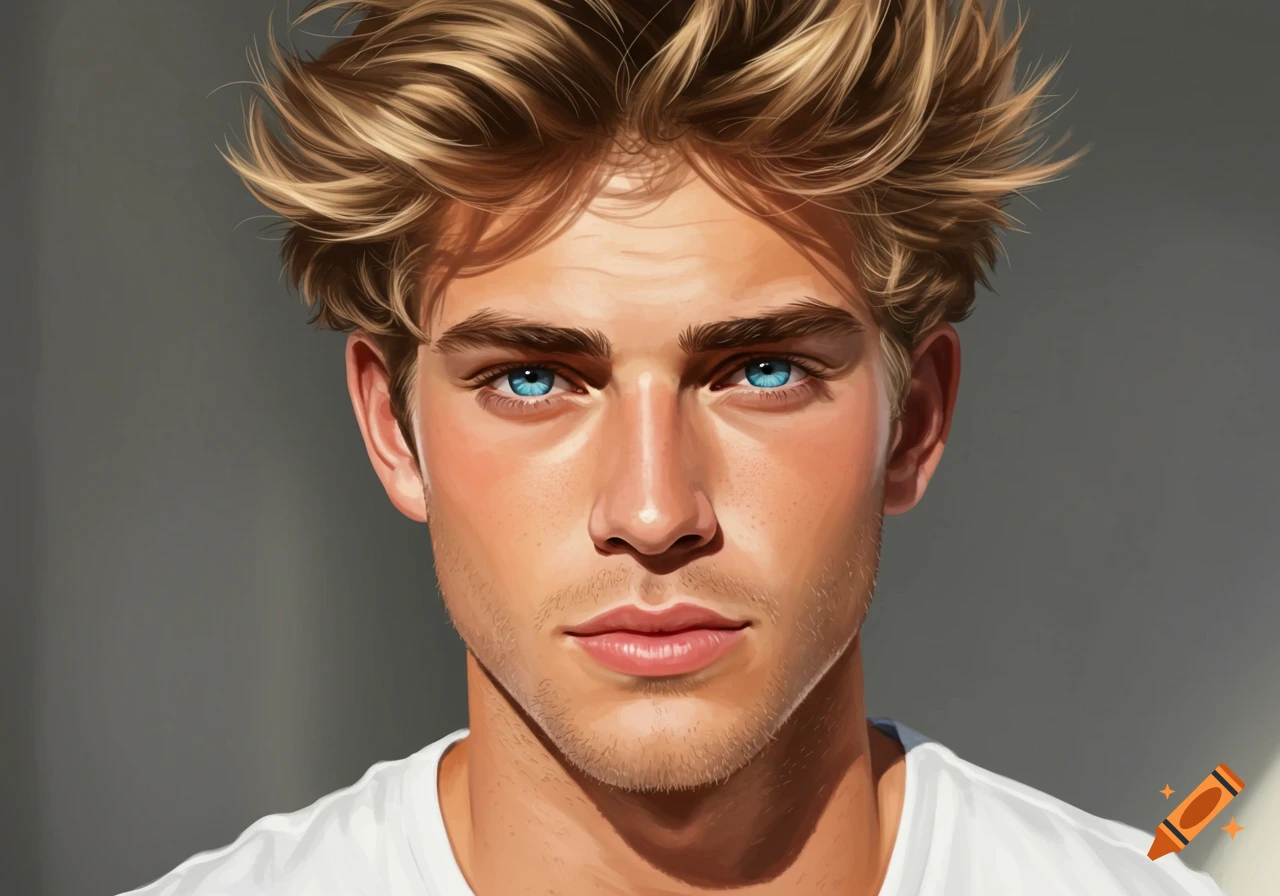 Close-up portrait of a young man with blonde messy hair and bright blue eyes, digital art.