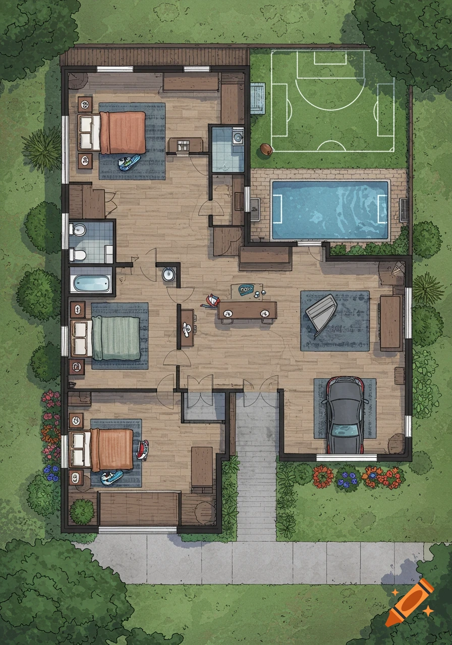 A top-down illustrated floor plan of a house with multiple bedrooms, bathrooms, a kitchen, living area, garage with a car, and a backyard featuring a swimming pool and a football field.