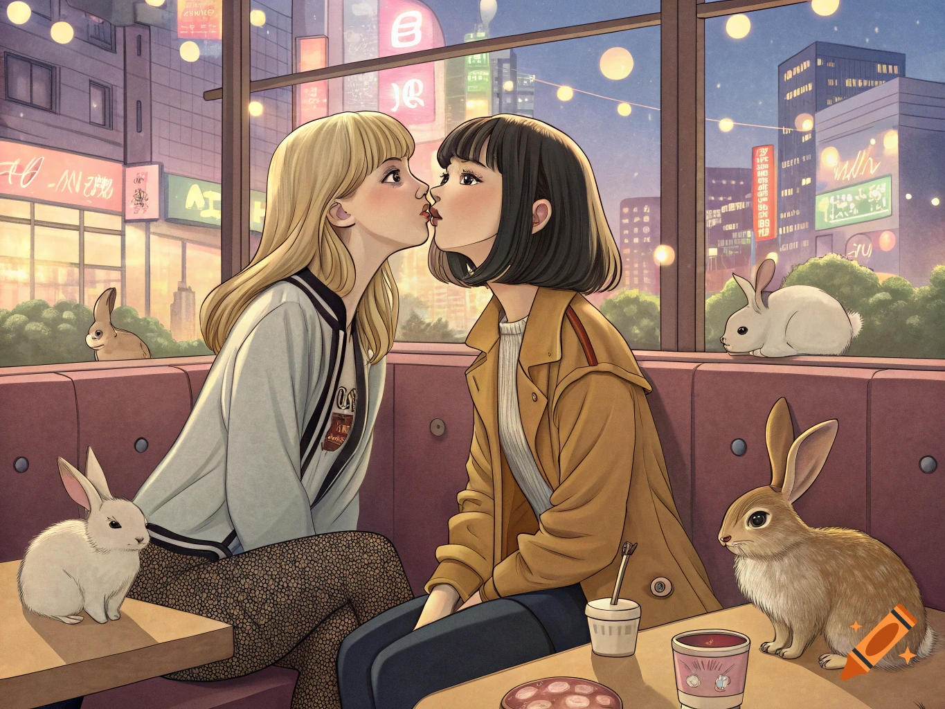 Anime style illustration of two women kissing in a rabbit cafe, surrounded by bunnies in a city at dusk.