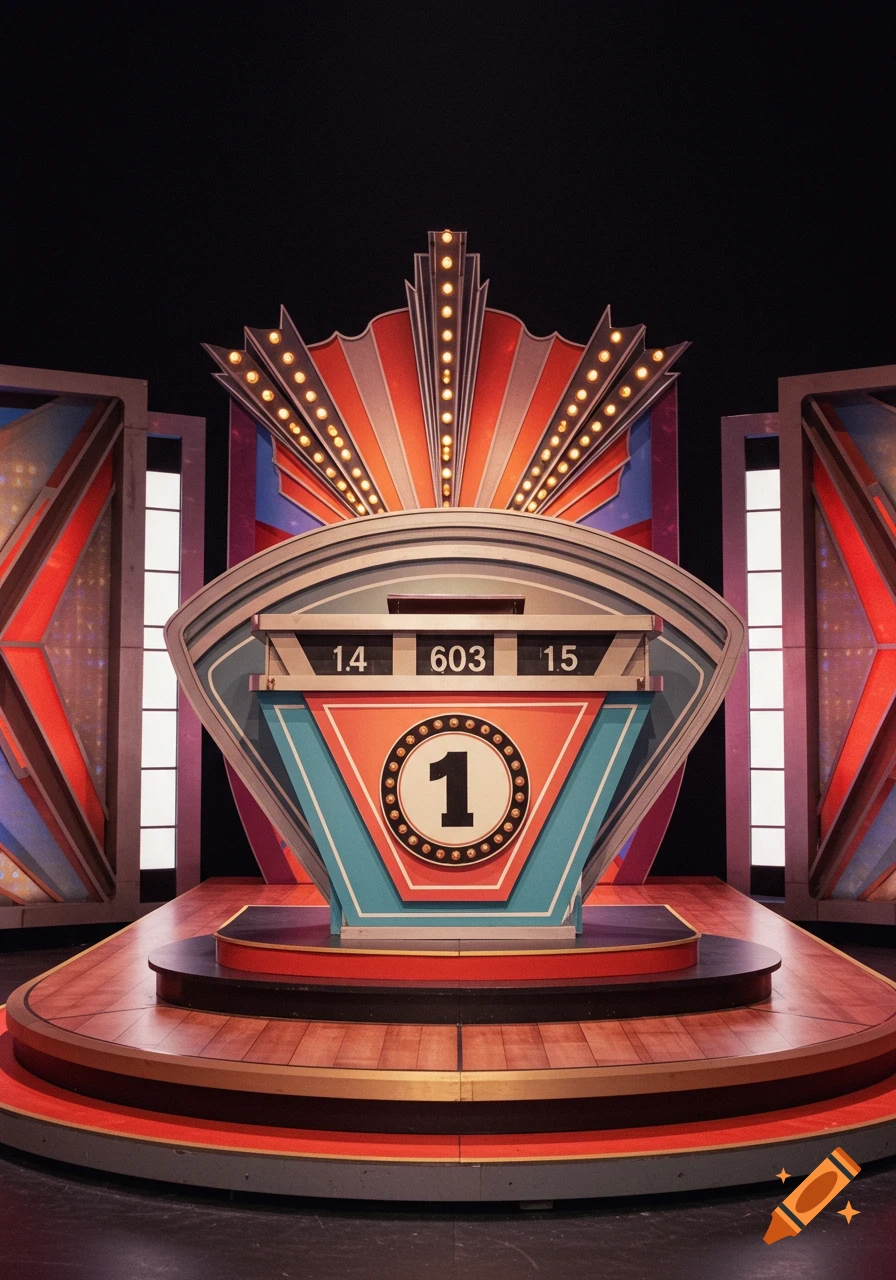 Vibrant, colorful vintage game show podium with illuminated lights and numerical displays, set on a wooden stage.