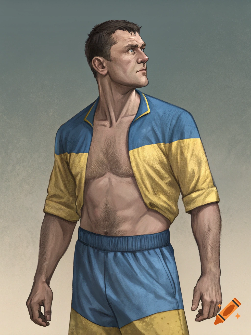 An illustrated muscular man, shirtless, wearing a blue and yellow unbuttoned shirt and shorts, looking to the right.