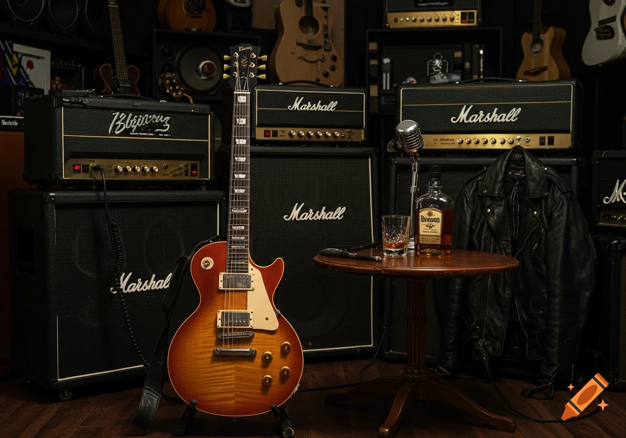 A Gibson Les Paul guitar leans against a Marshall speaker stack in a room with other amps, a microphone, a leather jacket, and a whiskey bottle with a glass on a small table.