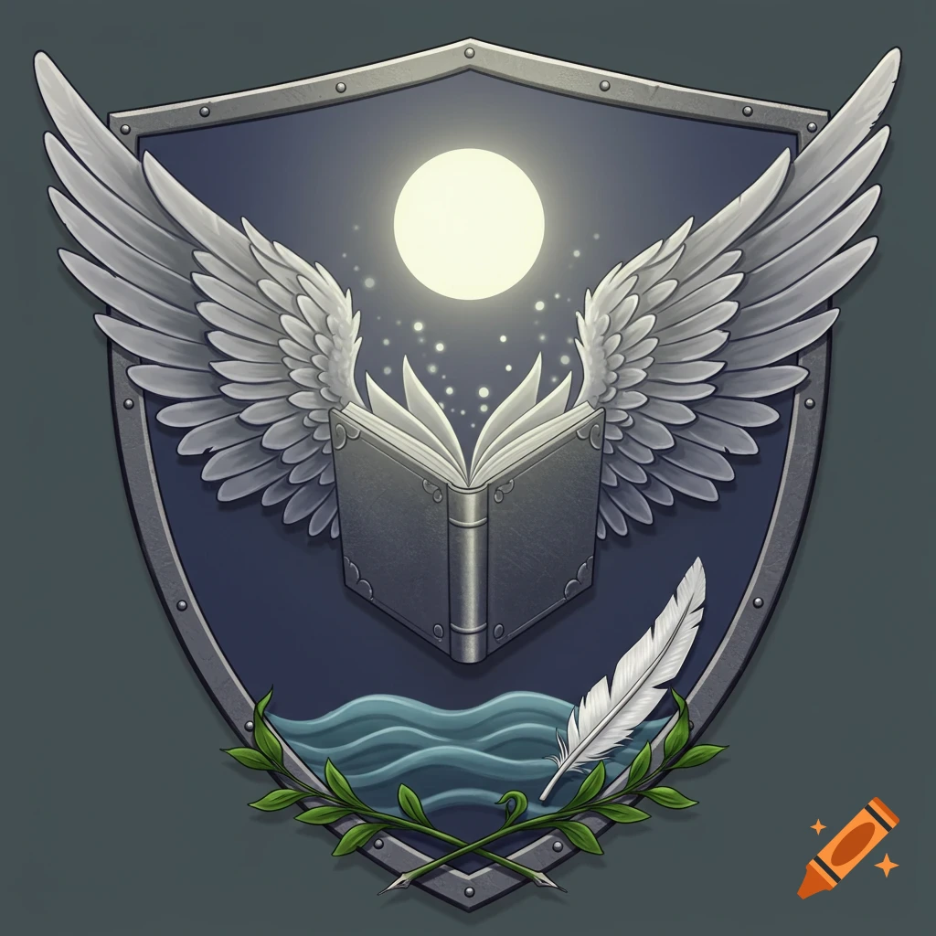 A noble fantasy crest featuring a winged book, glowing moon, water, and a quill and vine on a dark shield.