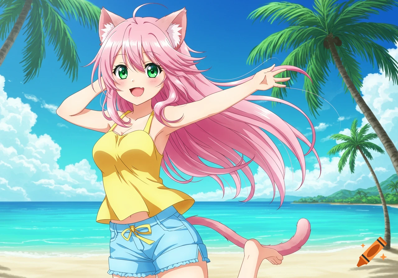 A happy anime cat girl with pink hair and green eyes, wearing a yellow top and denim shorts, on a sunny beach with palm trees.