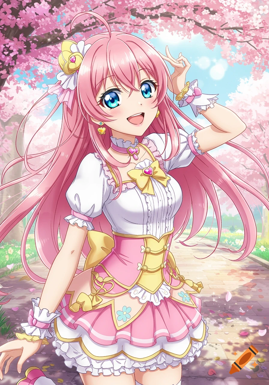 An anime girl with pink hair and blue eyes smiles under cherry blossoms.