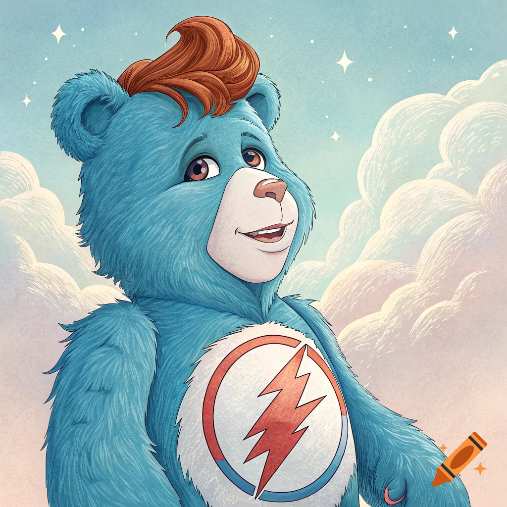 A blue furry bear with red swept hair and a red lightning bolt symbol on its chest, set against a sky with clouds and stars in a cartoon style.