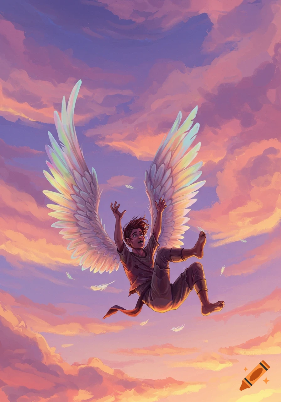 A young person with large, colorful wings falls through a vibrant pink and purple sunset sky, arms outstretched and feathers falling.
