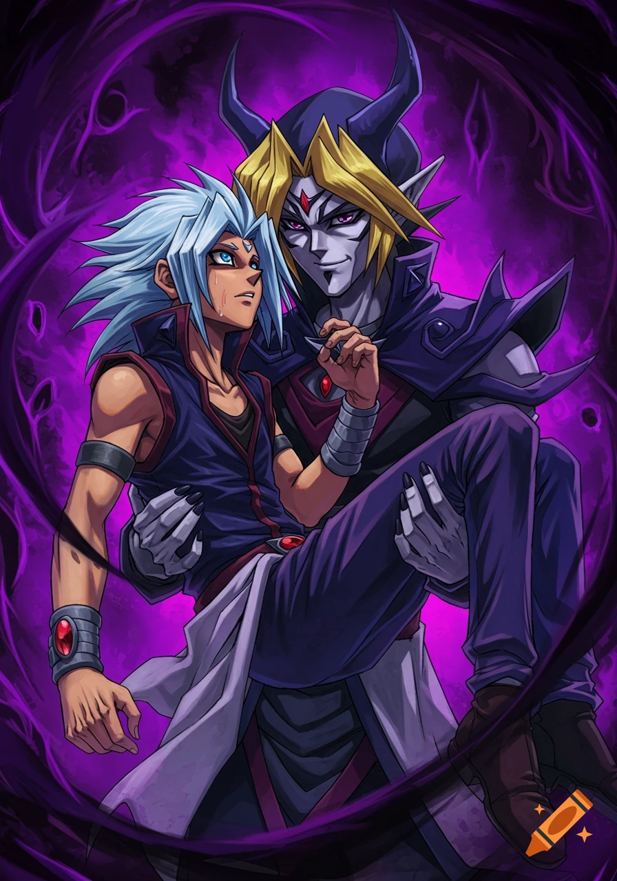 An anime illustration of a dark-skinned, horned character holding a crying white-haired character against a dark purple background.