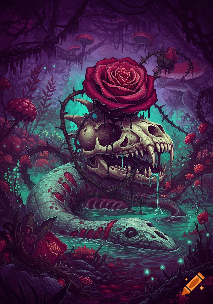 A vibrant dark fantasy illustration of a large dragon skull with a red rose on top, and a skeletal creature in a glowing, purple and green mushroom-filled forest.