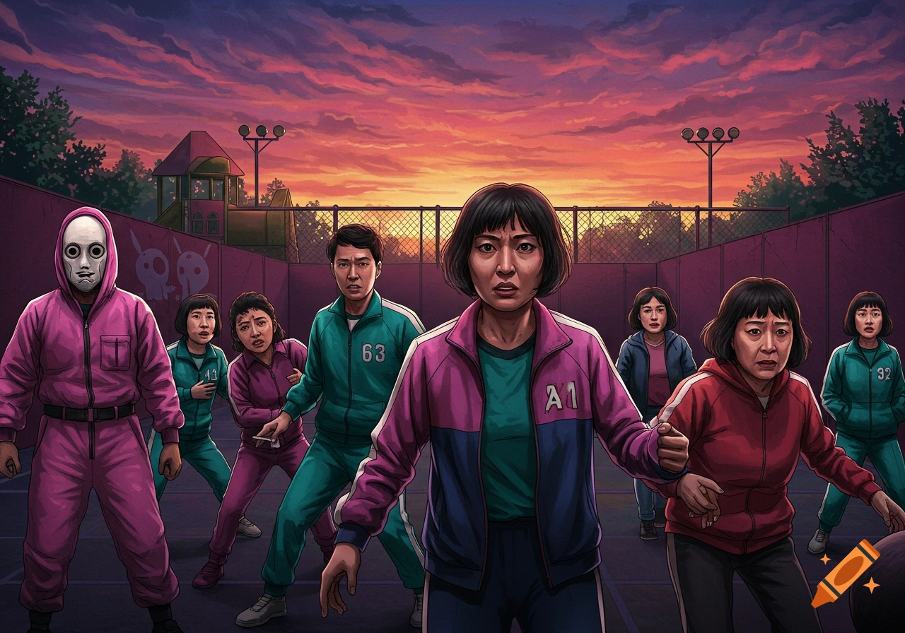 A stylized illustration of characters from Squid Game, including a masked figure and players in tracksuits, on a playground at sunset.