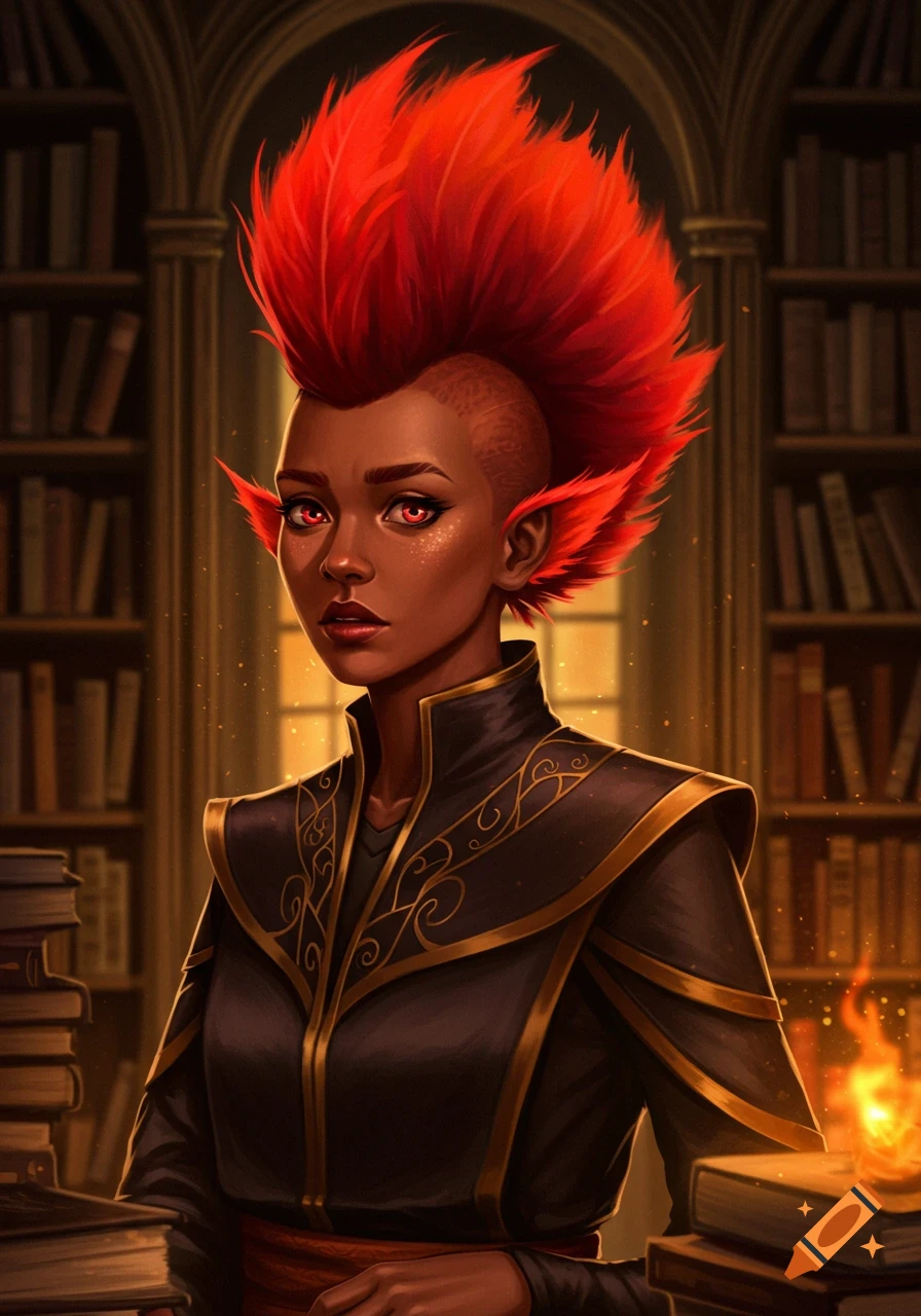 A dark-skinned fantasy woman with a fiery red mohawk and glowing red eyes stands in a library, surrounded by books.