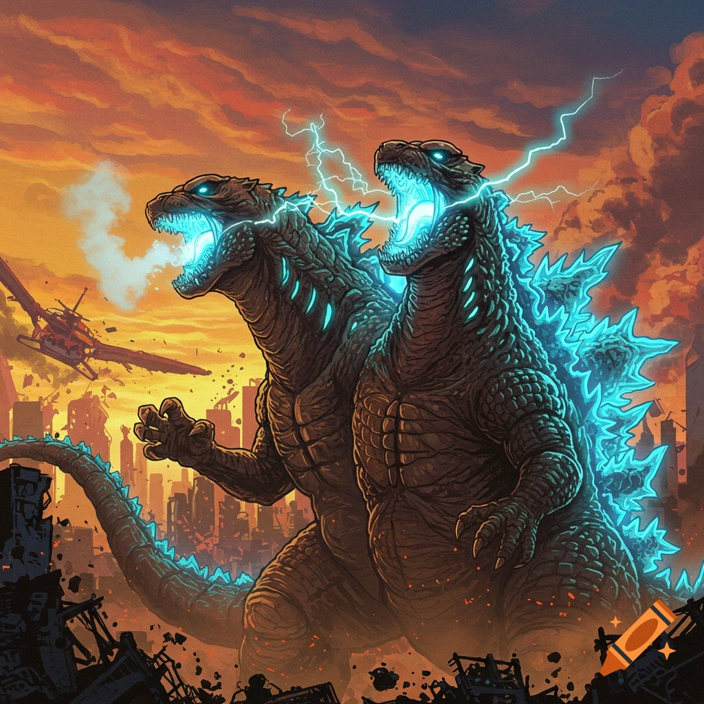 Two large, conjoined Godzilla-like monsters with glowing blue spines and atomic breath stand in a ruined city under an orange sky. Stylized.