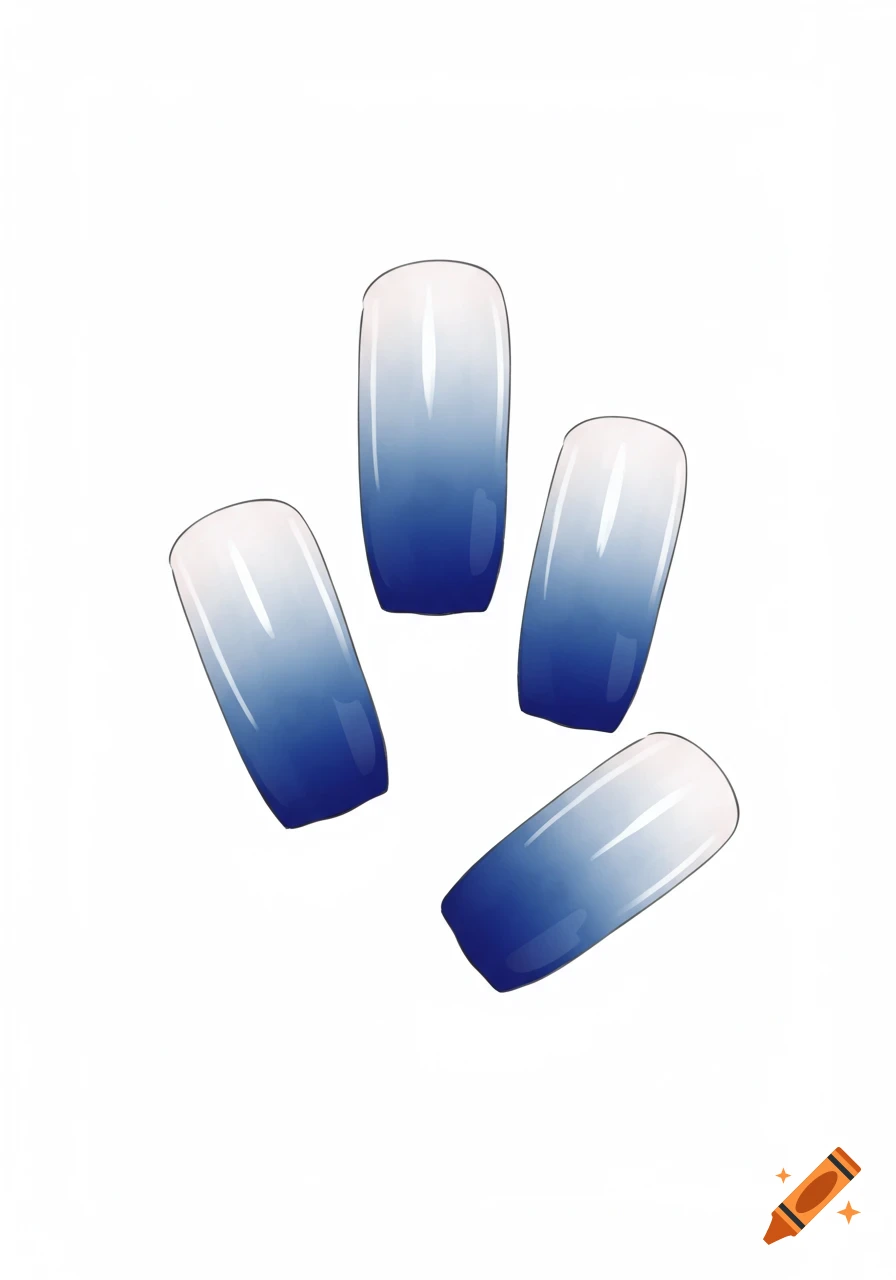 Four blue and white ombre false nails with a glossy finish on a white background.