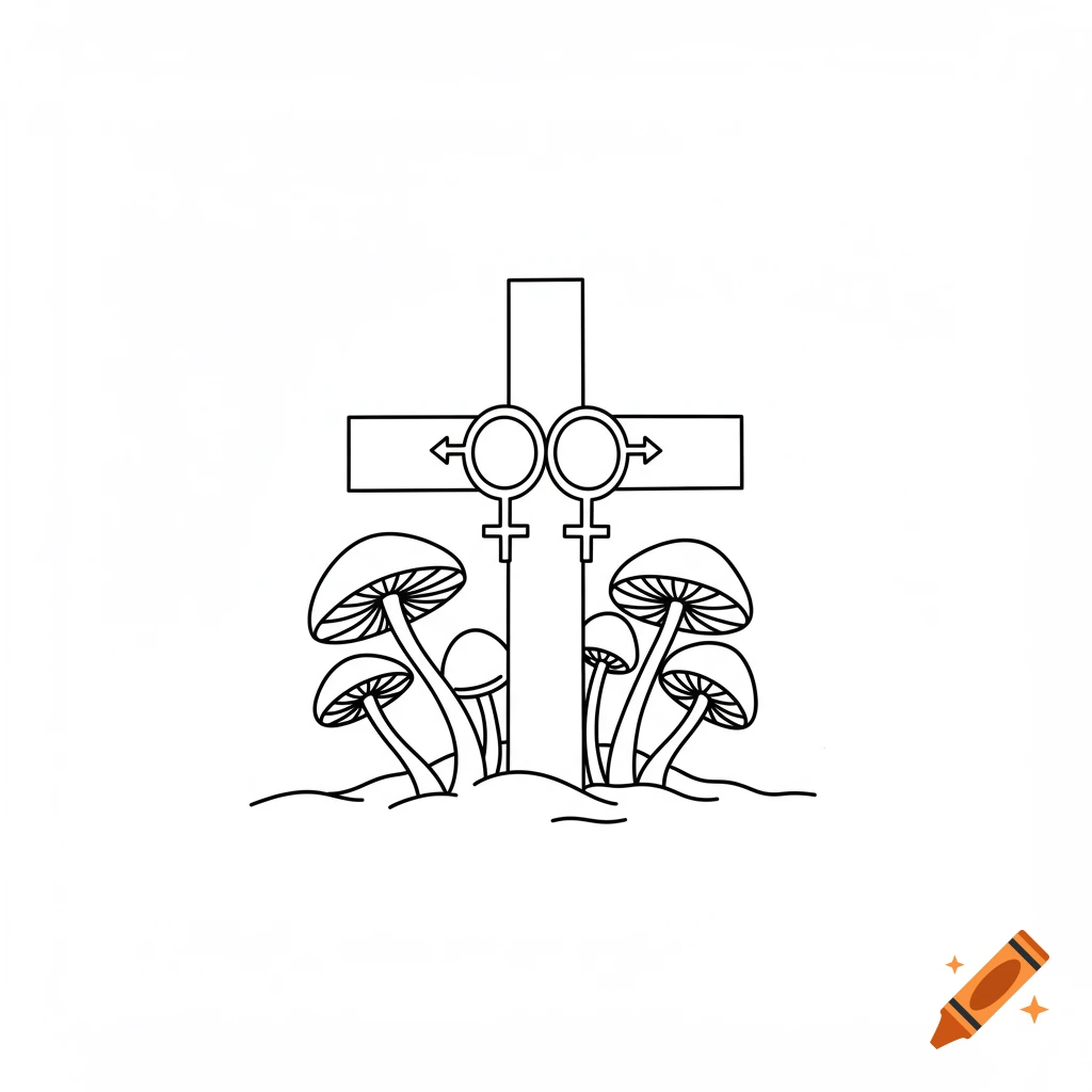 A minimalist black line art tattoo design featuring a Christian cross with two interlocking Venus symbols at its intersection, surrounded by stylized mushrooms.