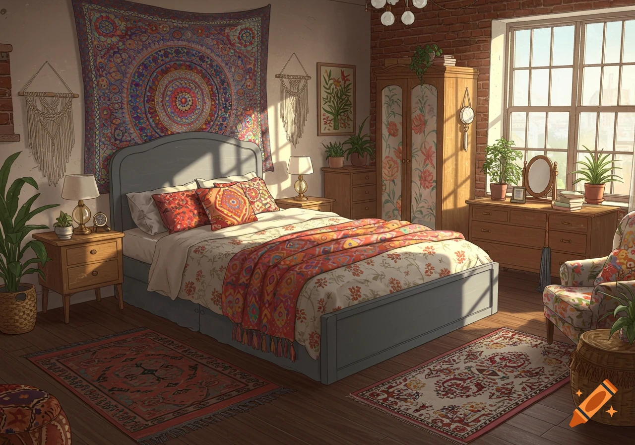 A colorful bohemian bedroom with a large bed, patterned rugs, tapestry, and plants, bathed in sunlight.