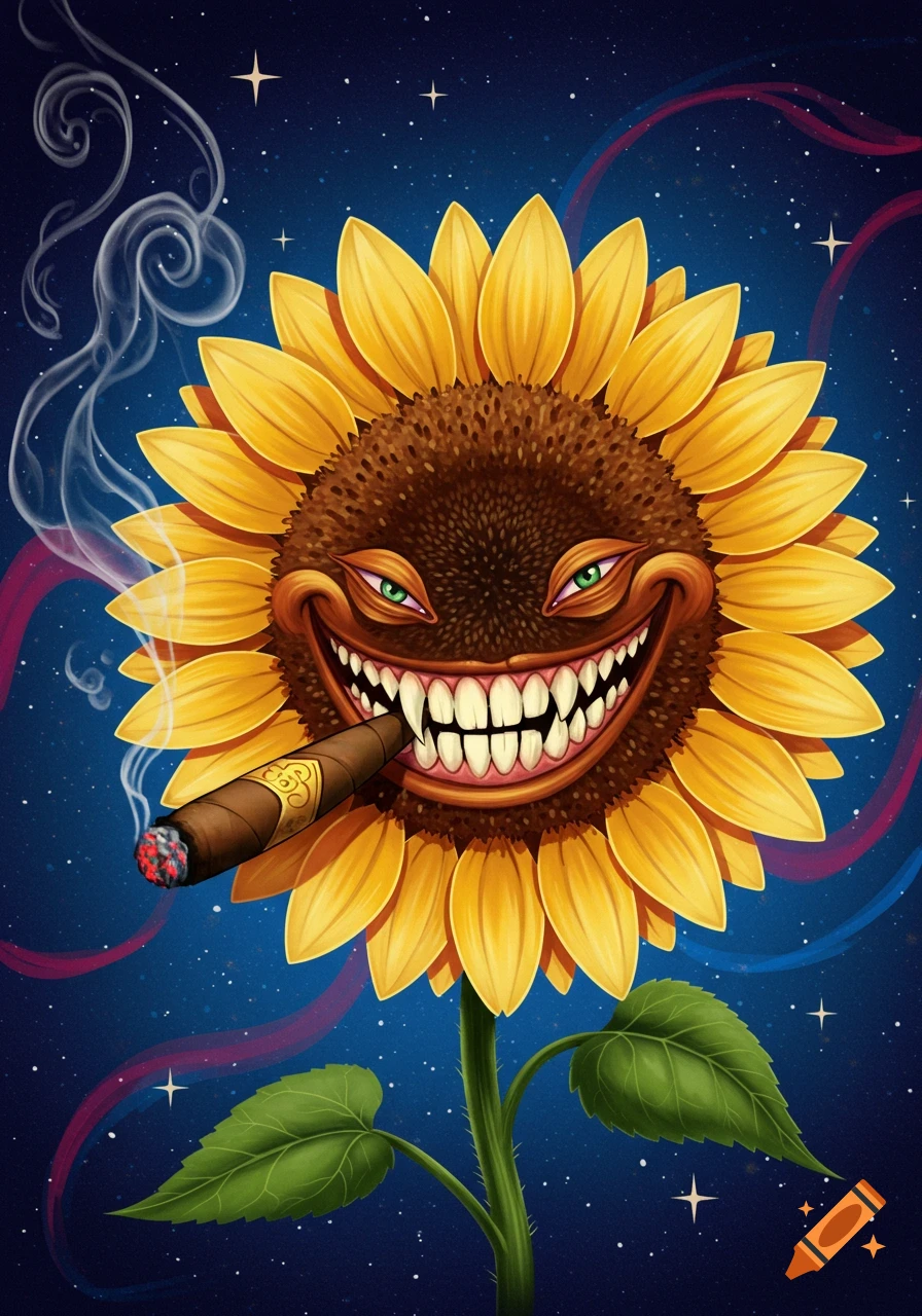 A whimsical sunflower with large teeth and green eyes smiles while smoking a cigar, set against a dark starry sky.