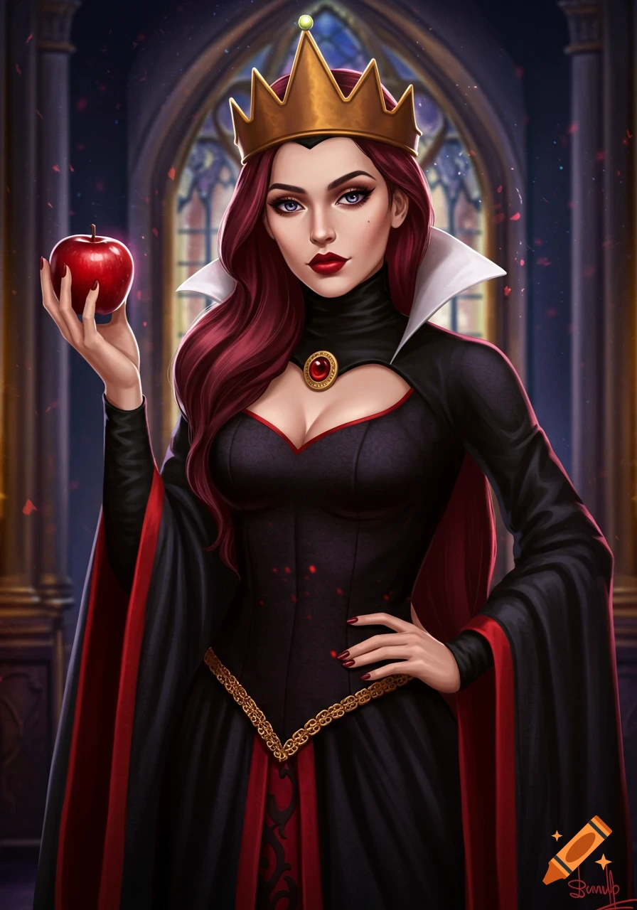 A regal evil queen with long dark red hair and a golden crown holds a red apple. She wears a black and red dress in a palace setting.