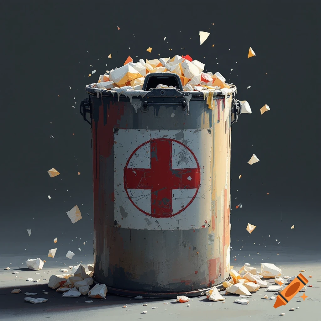 A distressed, overflowing metal trash can with a red cross symbol on its side, surrounded by scattered debris.