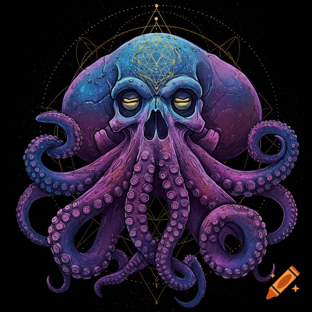 A vibrant blue and purple octopus with a skull for a head, set against a black background with golden sacred geometry patterns.
