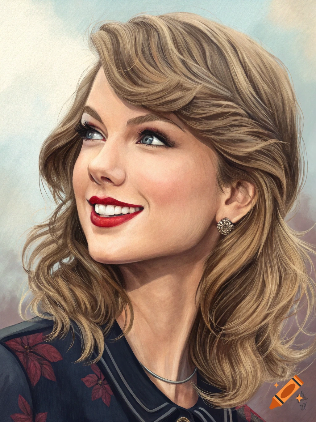 Digital painting of Taylor Swift with wavy blonde hair, blue eyes, and red lipstick, smiling and looking up.