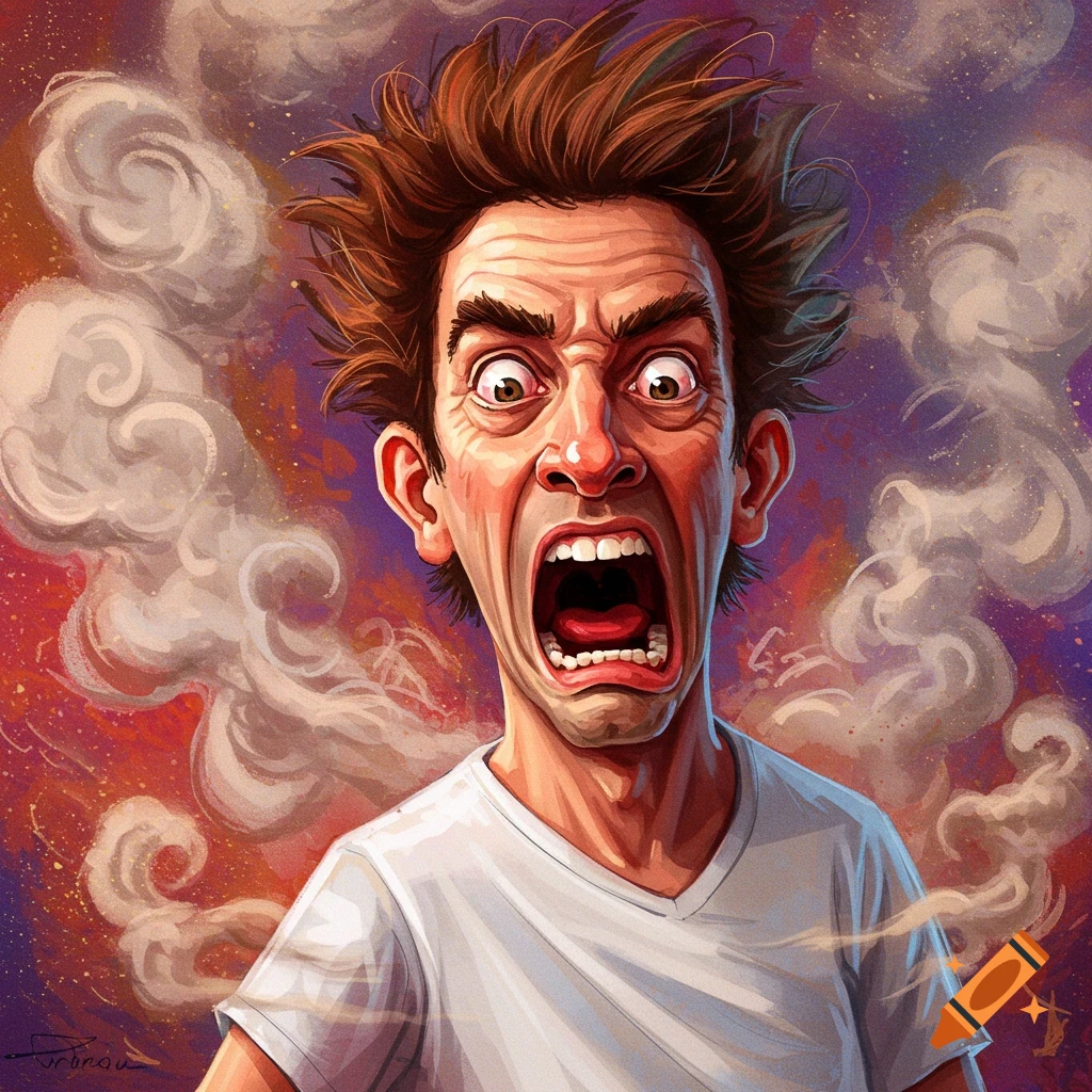 Exaggerated cartoon illustration of a man screaming with wide eyes, disheveled hair, and an open mouth, against a smoky, colorful background.